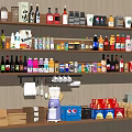 Assorted Beverages on Shelf Display with Bottled Canned Boxed Drinks Coffee Machine Cups and Paper Bags