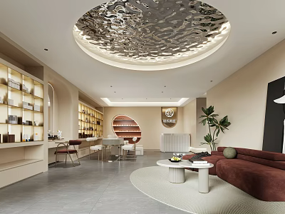 Modern Beauty Hair Salon Interior Design With Round Ceiling Shelves Sofa And Plants 3d model