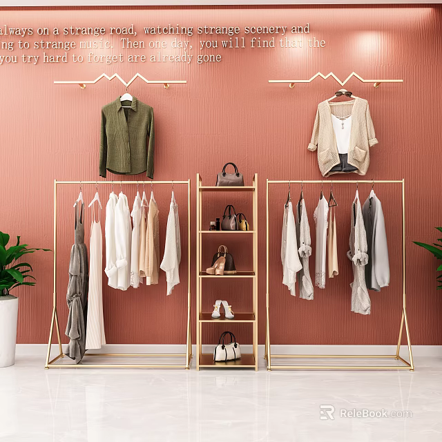 Elegant Golden Clothes Racks With Hanging Garments Shoes And Bags On Pink Wall 3d model 