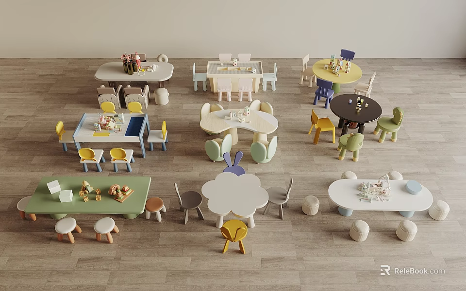 Colorful Kids Table With Various Designs And Matching Chairs For Playroom Furniture 3d model 