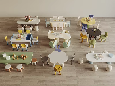 Colorful Kids Table With Various Designs And Matching Chairs For Playroom Furniture 3d model