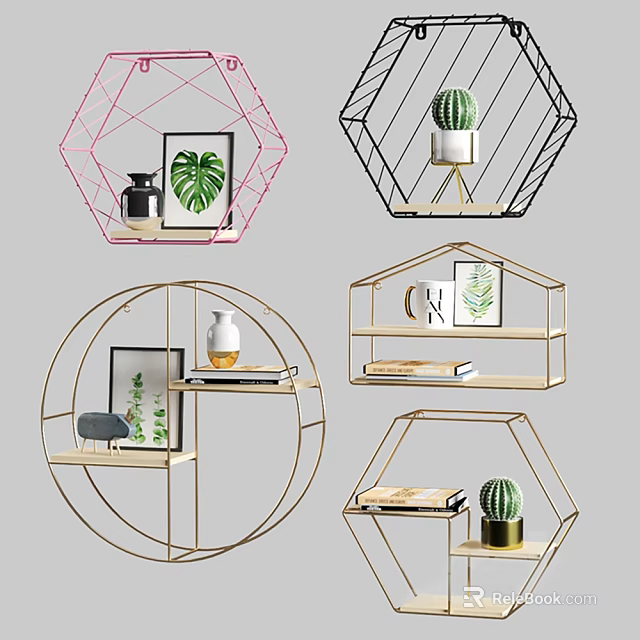 Stylish Geometric Decorative Wall Shelves with Green Plants Framed Art Vases and Books 3d model 