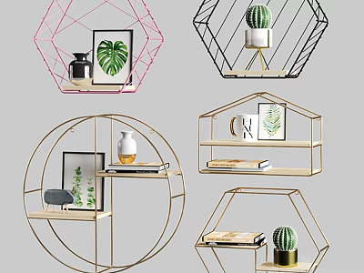 Stylish Geometric Decorative Wall Shelves with Green Plants Framed Art Vases and Books 3d model