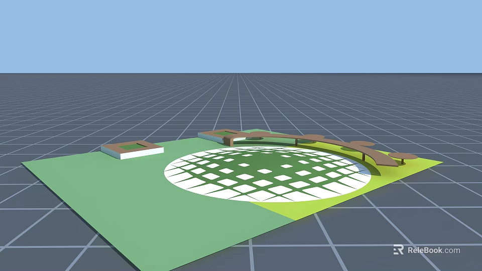 Architectural Components Featuring Circular Grid Platform With Wooden Structures And Green Base 3d model