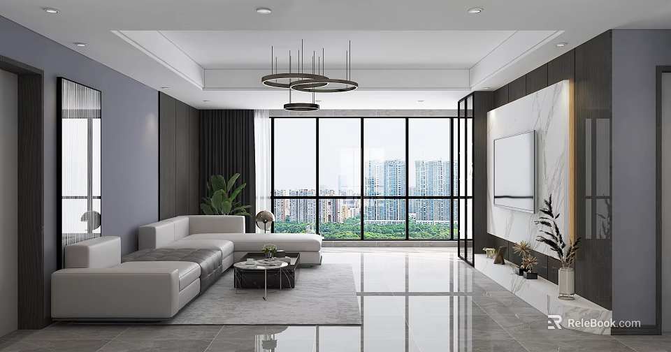 Modern Bright Living Room With Panoramic City View Marble TV Wall And Comfortable Sectional Sofa 3d model 