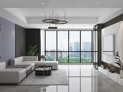 Modern Bright Living Room With Panoramic City View Marble TV Wall And Comfortable Sectional Sofa 3d model