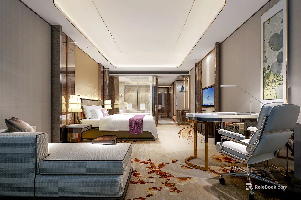Modern Hotel Room Interior With King Bed Work Desk TV Sofa And Decorative Carpet 3d model 