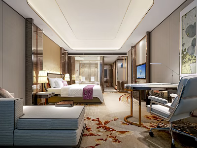 Modern Hotel Room Interior With King Bed Work Desk TV Sofa And Decorative Carpet 3d model