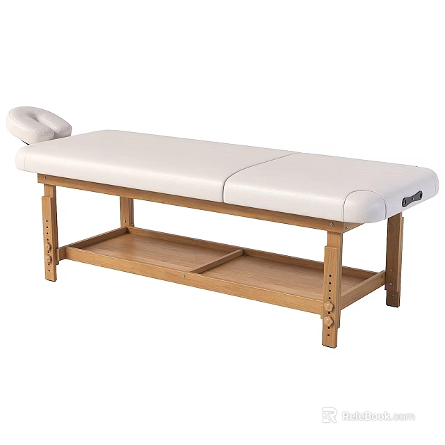 Premium Massage Table Featuring White Padded Surface Wooden Frame Headrest And Storage Shelf 3d model