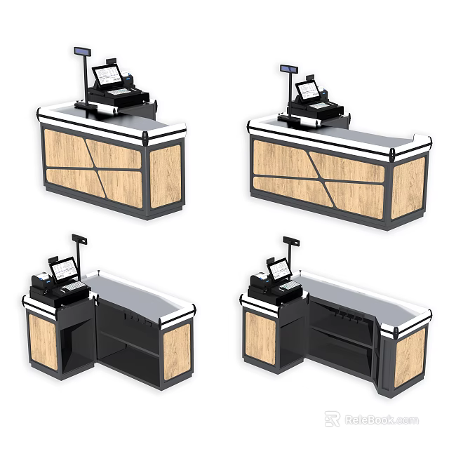 Modern Reception Desk Design With Wooden Panels Black Frame And Cash Register Scanner 3d model 