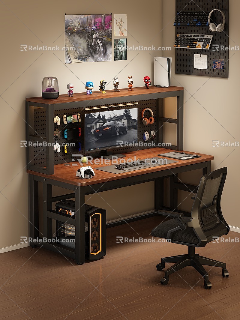 Solid Wood Computer Table Hole Board Bookshelf Retro Style Game Room E-sports Table 3d model