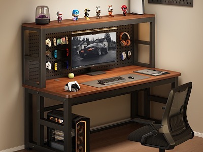 Solid Wood Computer Table Hole Board Bookshelf Retro Style Game Room E-sports Table 3d model