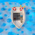Small White Boat Floating On Blue Water With Red Lifebuoy And Simple Equipment