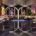 Modern Bar Interior Featuring Chandelier Arched Structures Large Screens Stage And Plant Decorations