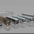 Different Types of Buses and a Van Lined Up in White Brown and Various Colors