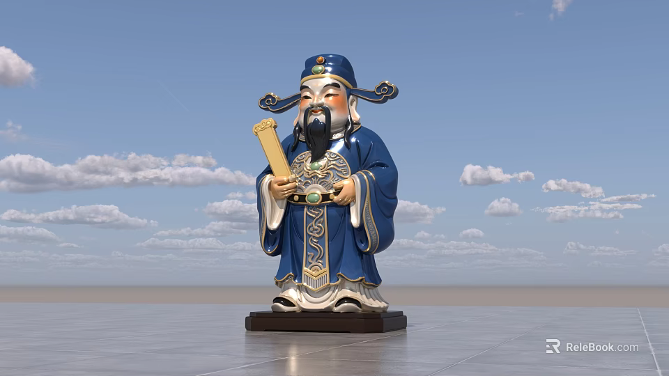 Blue Traditional Costume Doll Holding Scroll With Blue Sky White Clouds Background 3d model