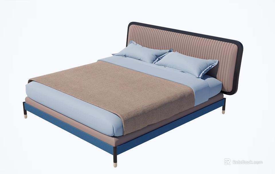 Modern Double Bed With Brown Striped Headboard Blue Frame And Light Blue Bedding 3d model