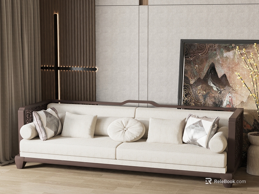 Stylish Beige Two Seater Sofa In Living Room With Decorative Pillows And Wall Artwork 3d model 