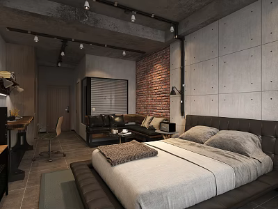 Industrial Style Hotel Room With Brick Wall Concrete Wall And Large Bed 3d model