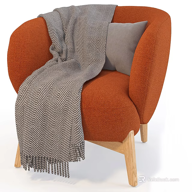 Orange Fabric Single Sofa With Gray Throw Blanket Cushion And Wooden Legs 3d model 