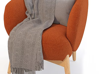 Orange Fabric Single Sofa With Gray Throw Blanket Cushion And Wooden Legs 3d model
