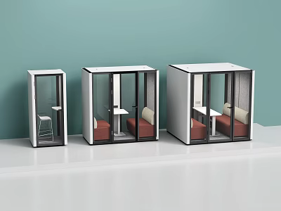 Three Sizes Glass Frame Booth Sofa with Red Cushions White Table Light Green Background 3d model