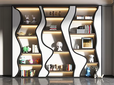 Stylish Modern Wavy Bookcase With Decorative Figurines Books Photo Frame And Items 3d model