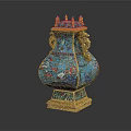 Chinese Traditional Cloisonne Vase With Blue Enamel Gold Dragon Handles And Crane Patterns