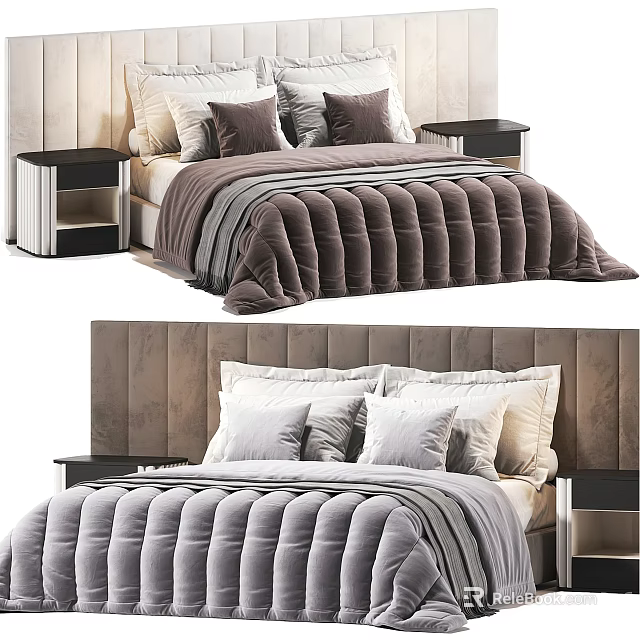 Elegant Double Bed With Upholstered Headboard Velvet Quilt Decorative Pillows And Nightstands In Bedroom Interior 3d model 