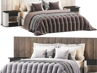 Elegant Double Bed With Upholstered Headboard Velvet Quilt Decorative Pillows And Nightstands In Bedroom Interior 3d model