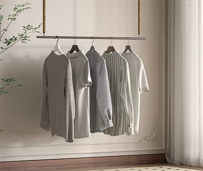 Modern Metal Hanger Rack With Gray White Shirts In Bright Room Corner 3d model