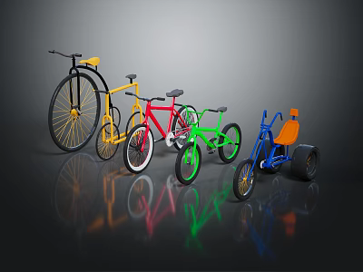Colorful Bicycles Collection Featuring High wheel Red Standard Green Kids And Blue Tricycle 3d model