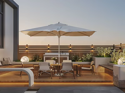 Roof Garden With Outdoor Furniture Umbrella Plants And Ambient Lighting 3d model
