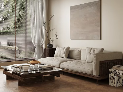 Modern Living Room Interior With Beige Sofa Wooden Coffee Table Window Blinds And Abstract Painting 3d model