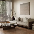 Modern Living Room Interior With Beige Sofa Wooden Coffee Table Window Blinds And Abstract Painting
