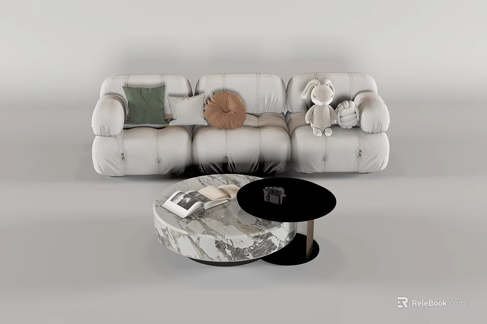 Light Colored Three Seater Sofa With Green Brown Cushions Rabbit Toy And Round Coffee Table 3d model 