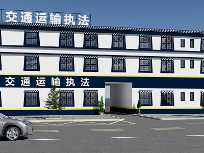 Transportation Law Enforcement Building With White And Blue Exterior Parking Lot Vehicle And Small Trees 3d model