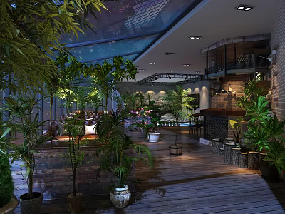Lush Green Plant Filled Café Interior With Glass Skylight Wooden Floor And Two Story Design 3d model