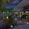 Lush Green Plant Filled Café Interior With Glass Skylight Wooden Floor And Two Story Design