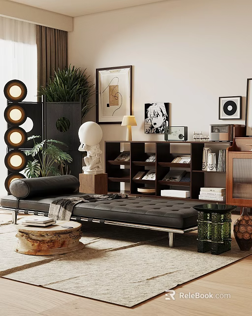 Modern Sofa And Coffee Table Set With Leather Upholstery Wooden Table And Decorative Plants 3d model 
