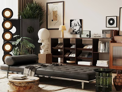 Modern Sofa And Coffee Table Set With Leather Upholstery Wooden Table And Decorative Plants 3d model