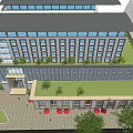 Modern Multi Storey Building With Glass Windows Street Trees And Parked Car At Evening