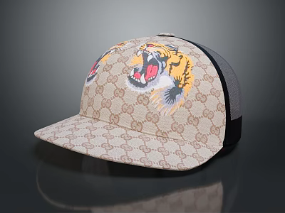 Stylish Beige Classic Pattern Cap With Tiger Graphic And Mesh Side Panels 3d model