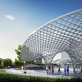 Modern Park Landscape with Lattice Structure People Walking Green Trees and Grass