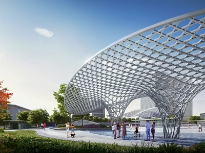 Modern Park Landscape with Lattice Structure People Walking Green Trees and Grass 3d model