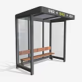 Modern Bus Stop Exterior With Black Roof Transparent Glass And Wooden Bench