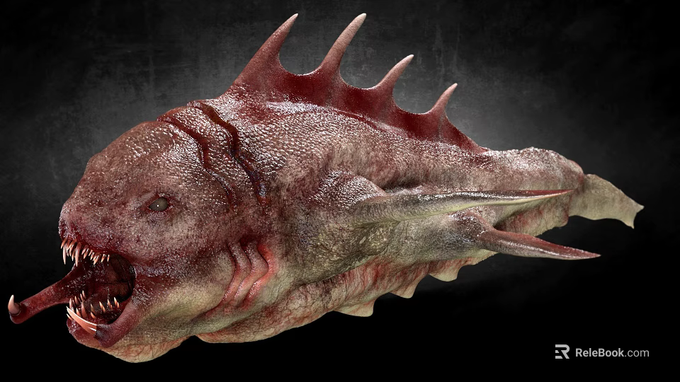 Realistic Fierce Aquatic Animal With Spiked Back Open Mouth Sharp Teeth And Rough Skin 3d model 
