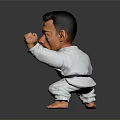 Man in White Karate Uniform Striking Combat Action Pose on Gray Background