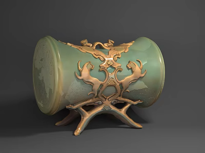 Green Cylindrical Weapon Adorned With Golden Animal Patterns On Branched Stand Base 3d model