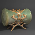 Green Cylindrical Weapon Adorned With Golden Animal Patterns On Branched Stand Base